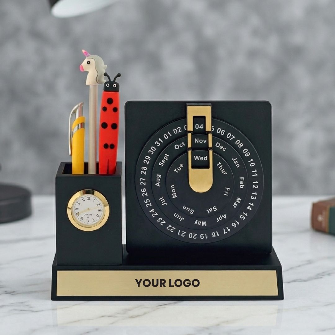 Black Wooden Pen Stand with Clock & Lifetime Calendar